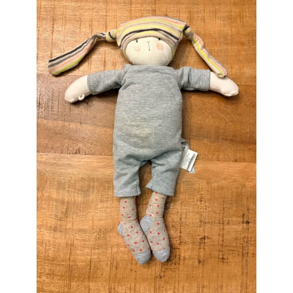 Moulin Roty Les Petits Dodos Nin Nin Bunny Plush Rag Doll Gray Striped Hat Toy